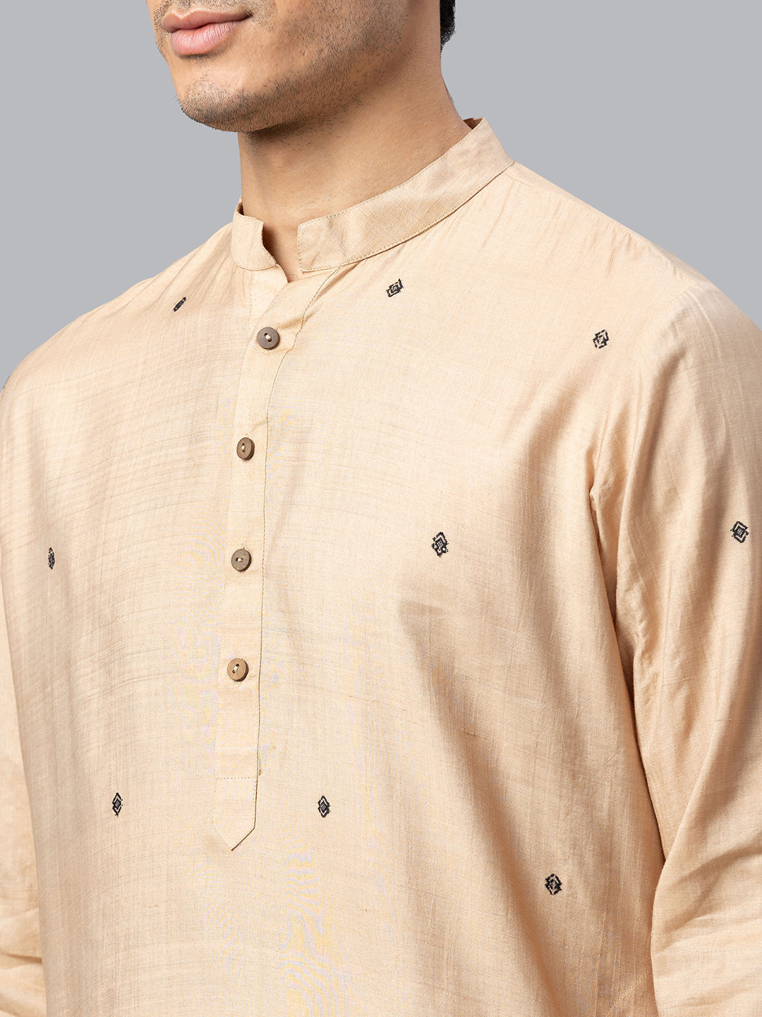 Eco Khadi Cotton Silk Biege All Over Black Motif Long Kurta - Soori