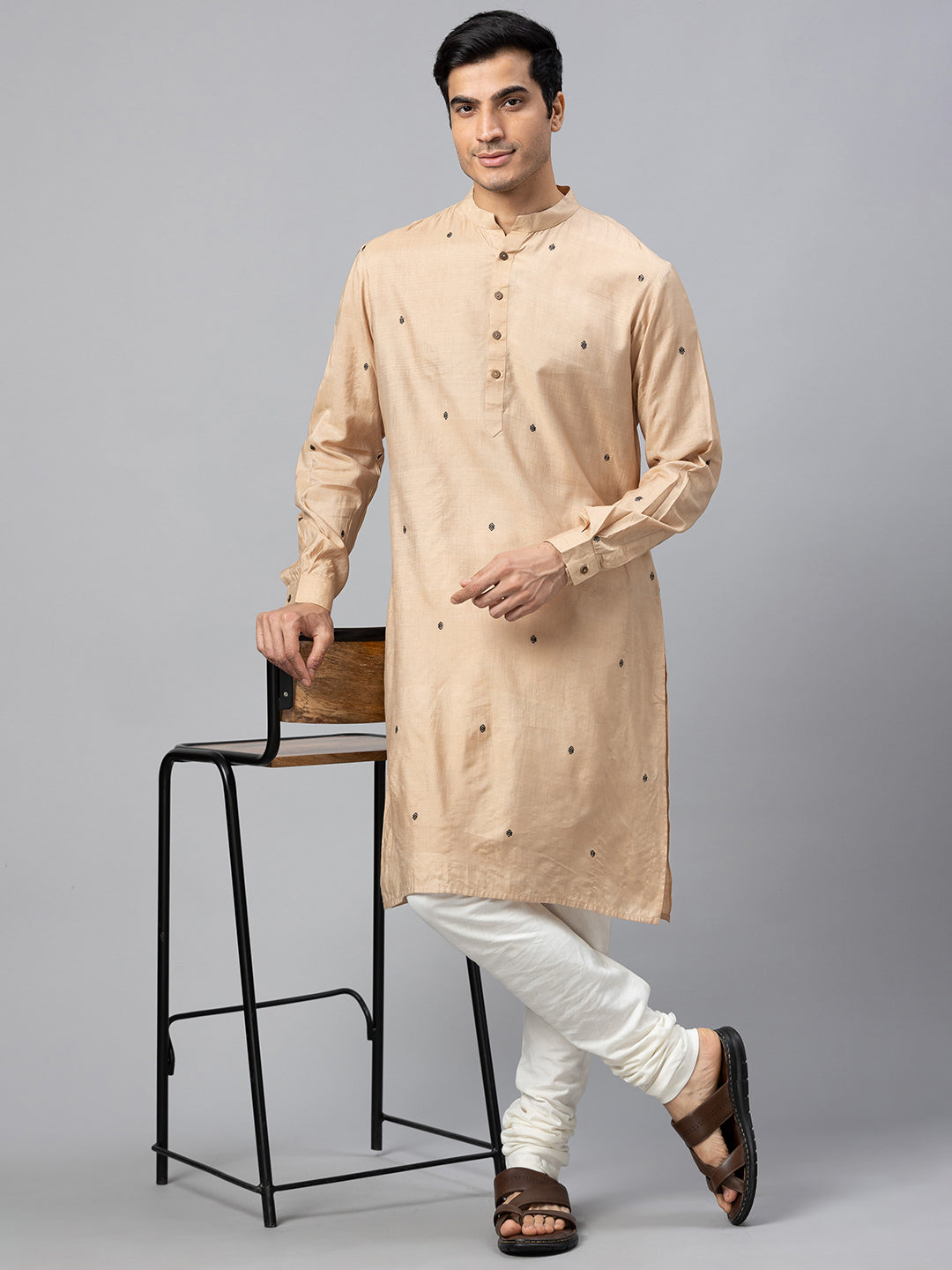 Eco Khadi Cotton Silk Biege All Over Black Motif Long Kurta - Soori