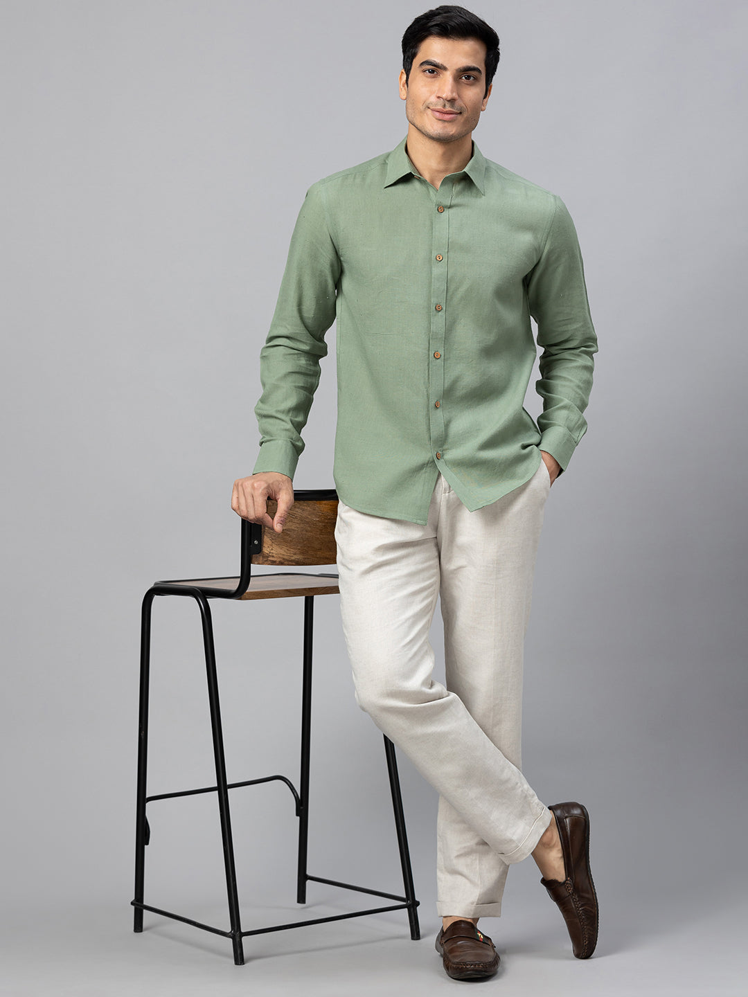 Eco Khadi Cotton Autumn Sage Green Classic Shirt - Jayden