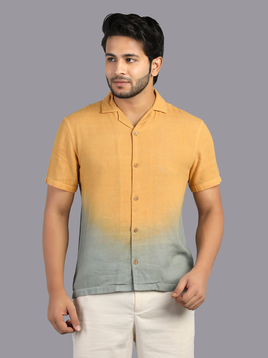 Eco Khadi Cotton Mustard/Green Ombre Shirt - Aaradh