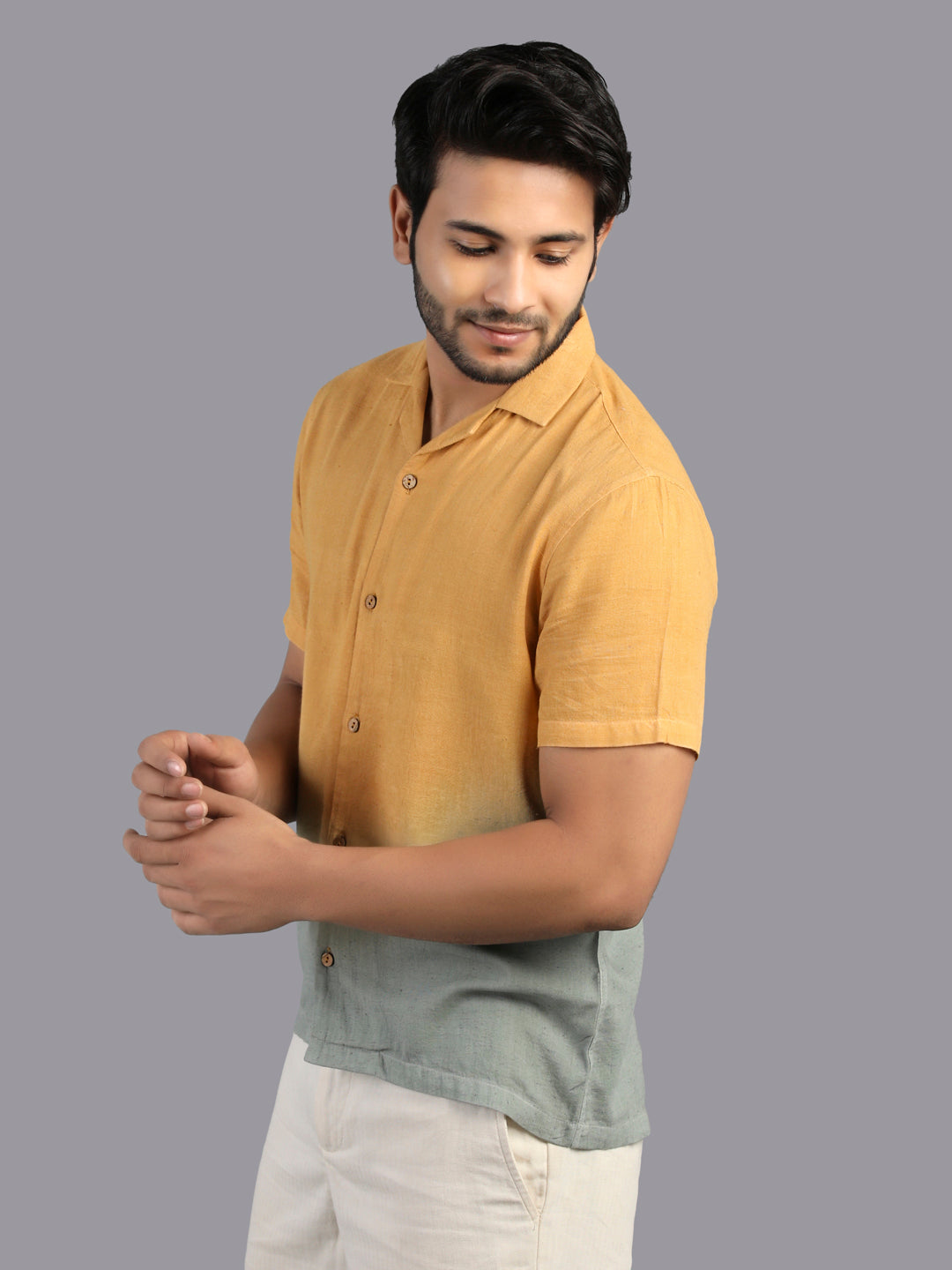 Eco Khadi Cotton Mustard/Green Ombre Shirt - Aaradh