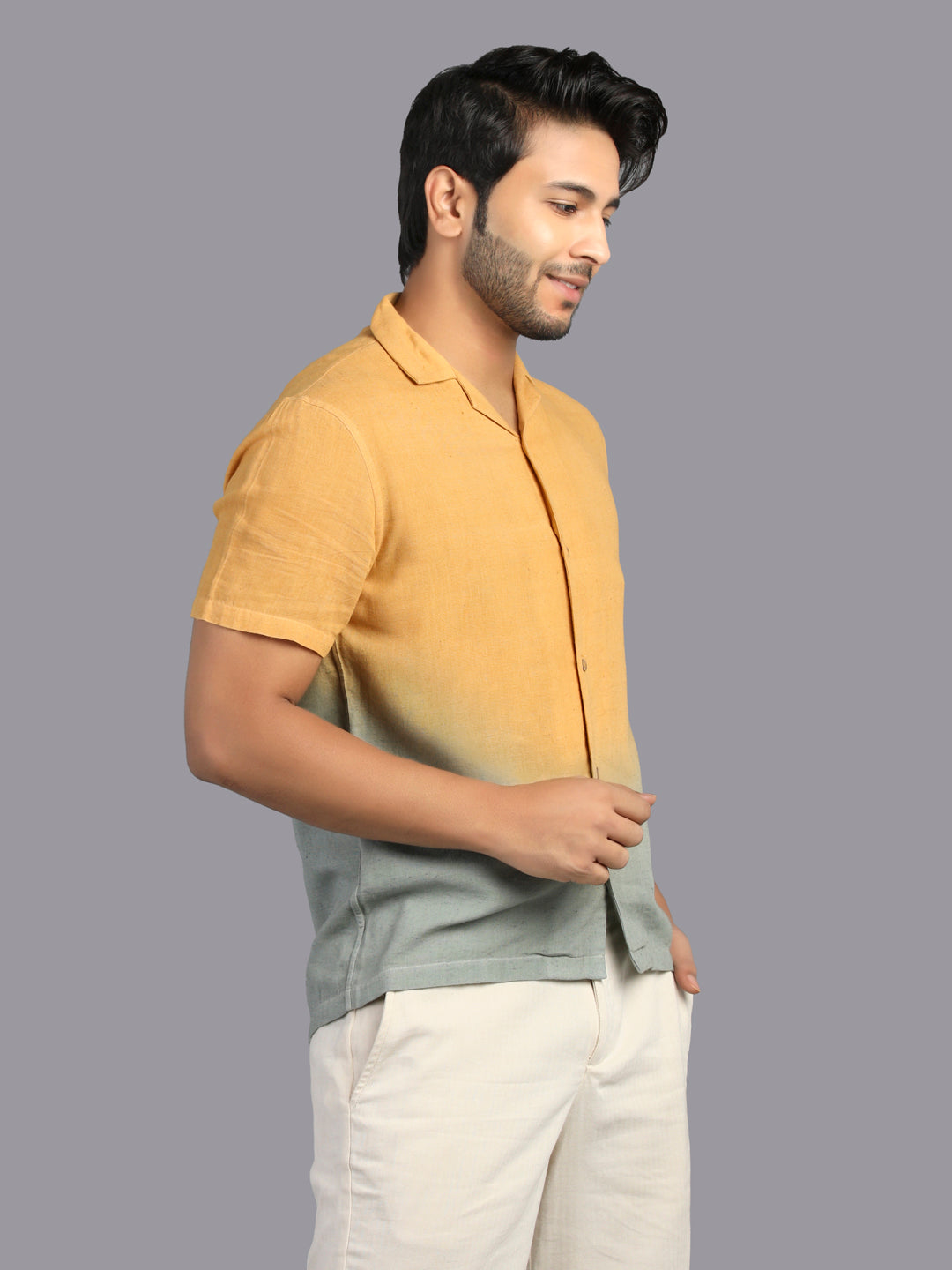 Eco Khadi Cotton Mustard/Green Ombre Shirt - Aaradh