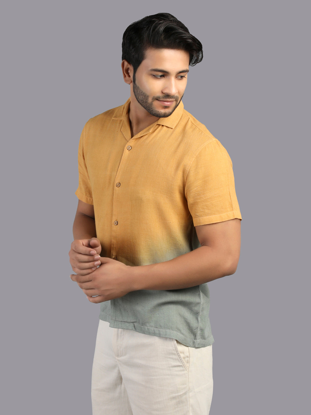 Eco Khadi Cotton Mustard/Green Ombre Shirt - Aaradh