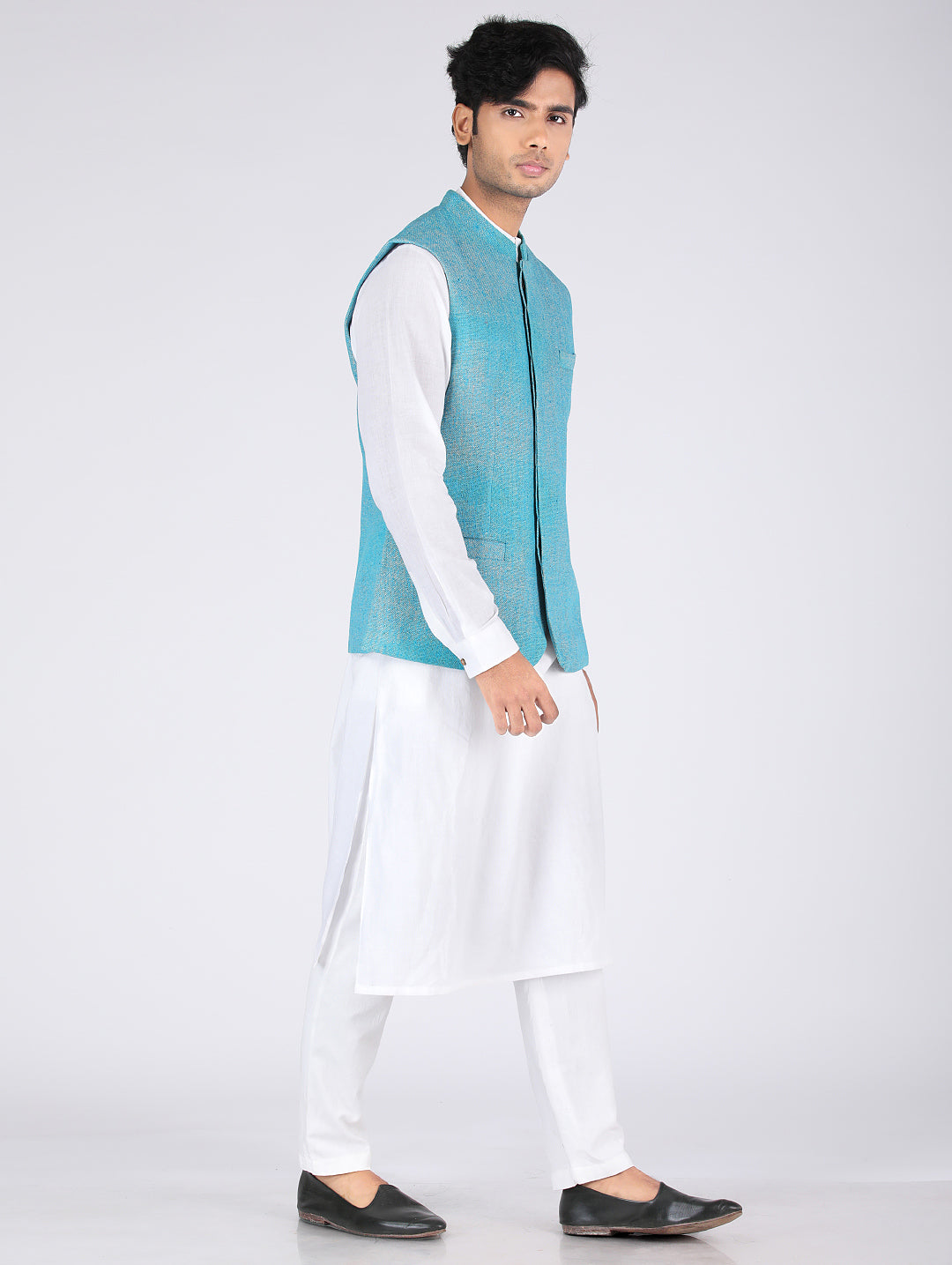 Eco Khadi Silk Matka Teel Blue Nehru Jacket