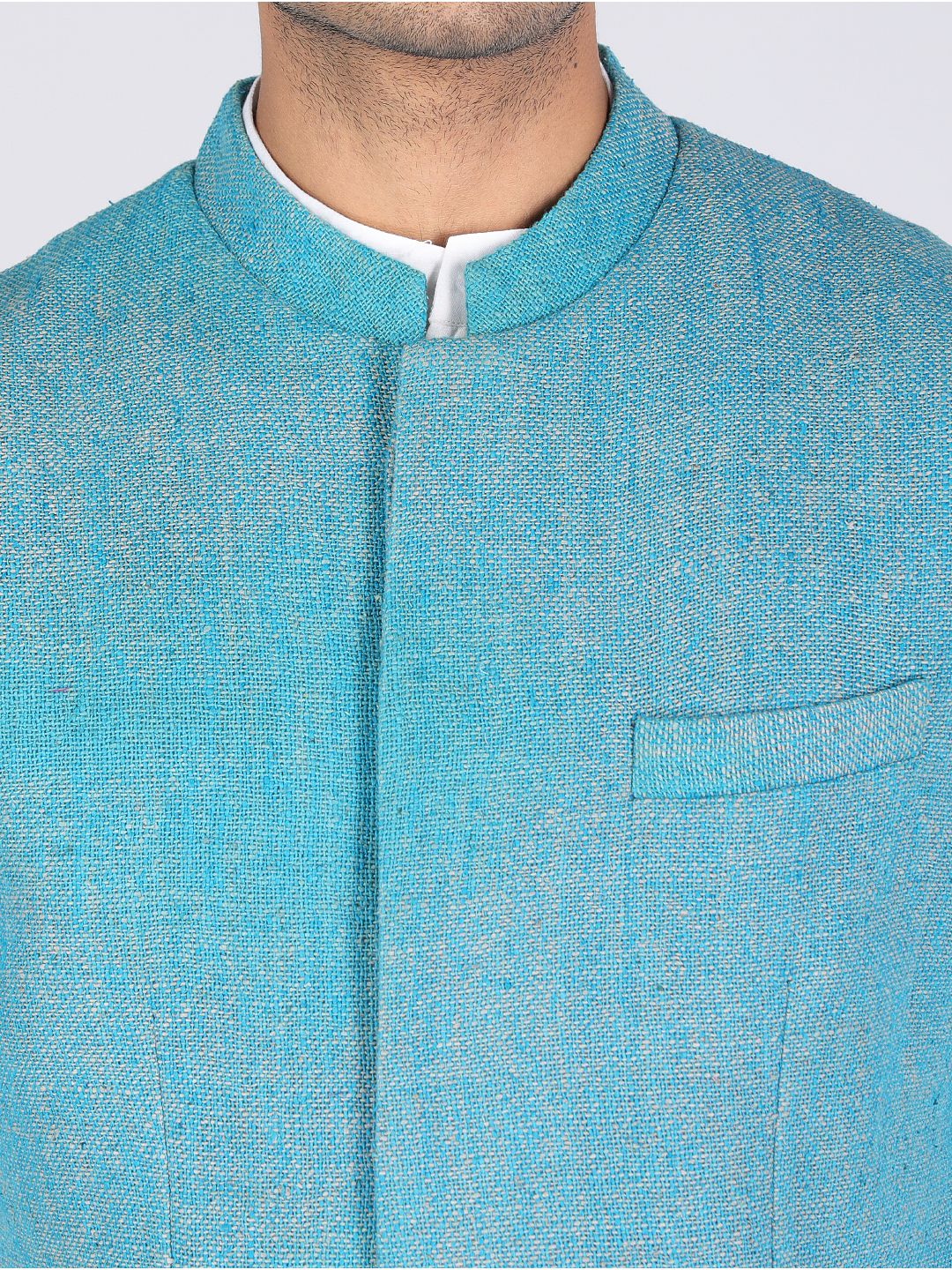 Eco Khadi Silk Matka Teel Blue Nehru Jacket