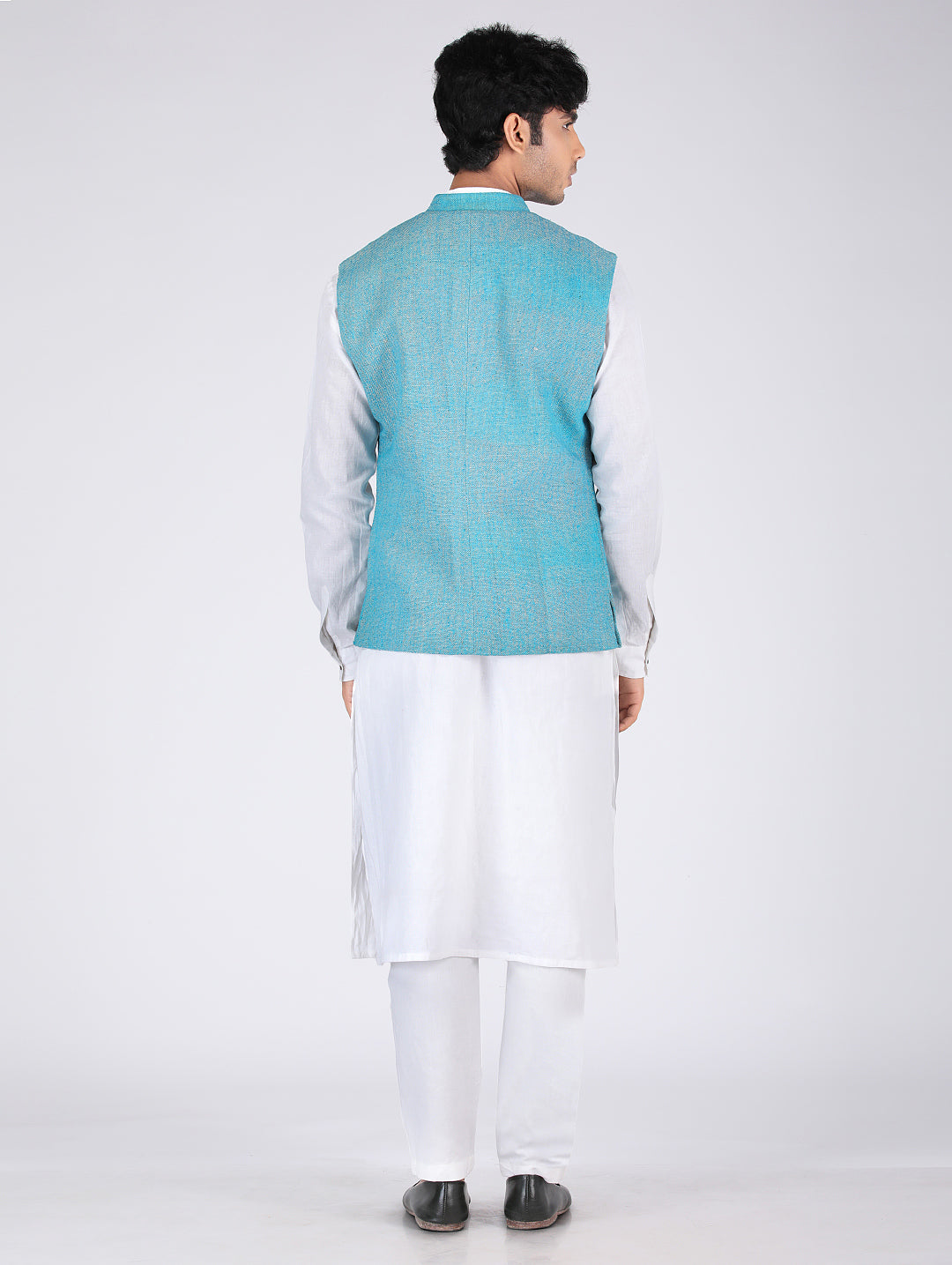 Eco Khadi Silk Matka Teel Blue Nehru Jacket