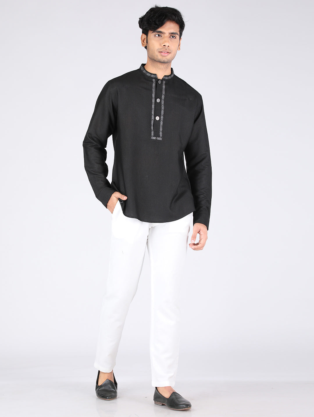 Eco Khadi Silk Black Embroidered Short Kurta - Ivan