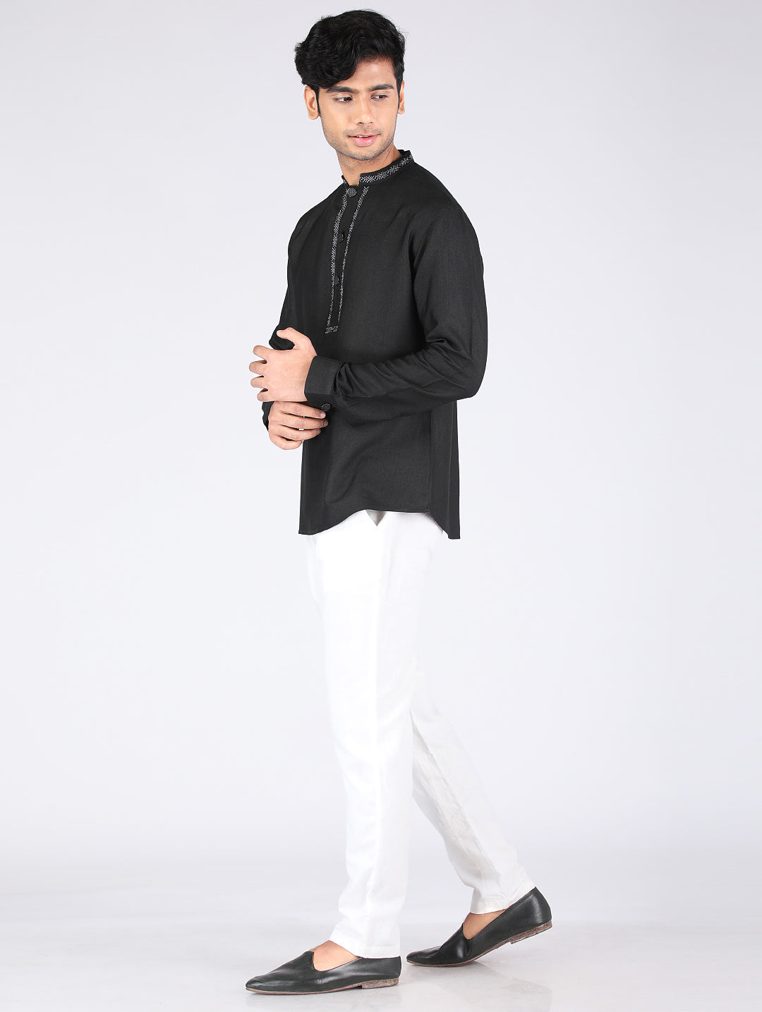 Eco Khadi Silk Black Embroidered Short Kurta - Ivan