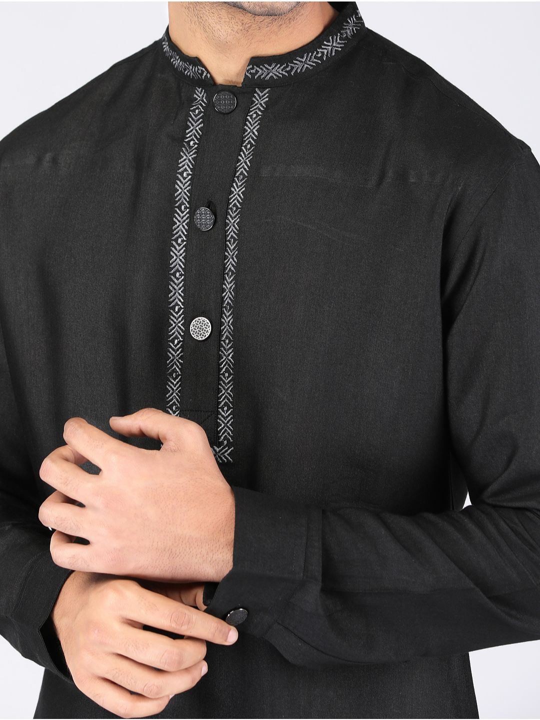 Eco Khadi Silk Black Embroidered Short Kurta - Ivan
