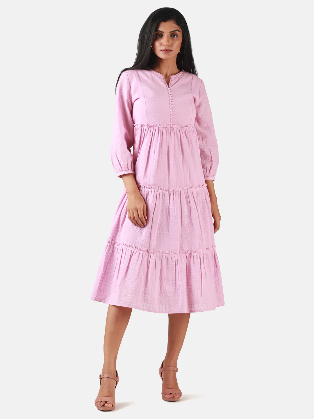 Eco Khadi Cotton Pink Tier Dress - Aahna