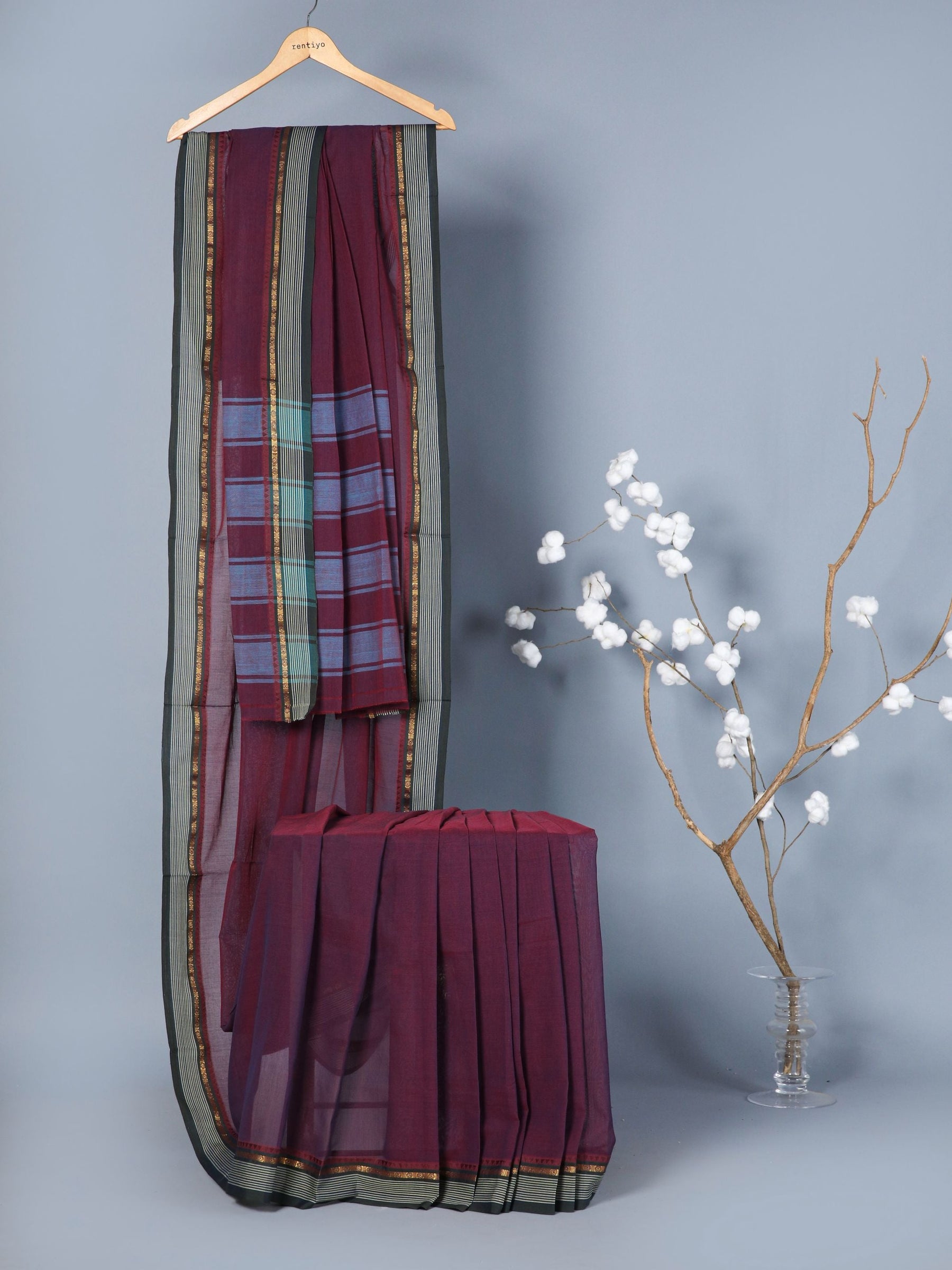 Eco Khadi Cotton Wine Saree with Jacquard Border