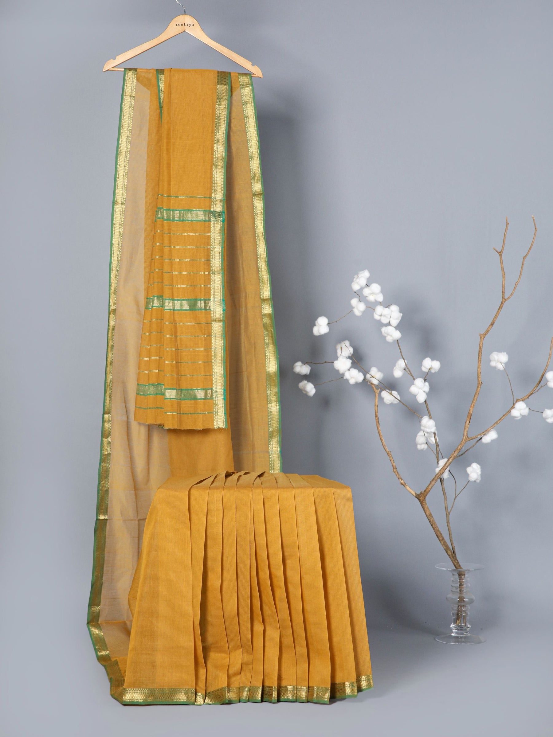 Eco Khadi Maheswari Cotton Mustard Saree with Ghicha Stripes Border