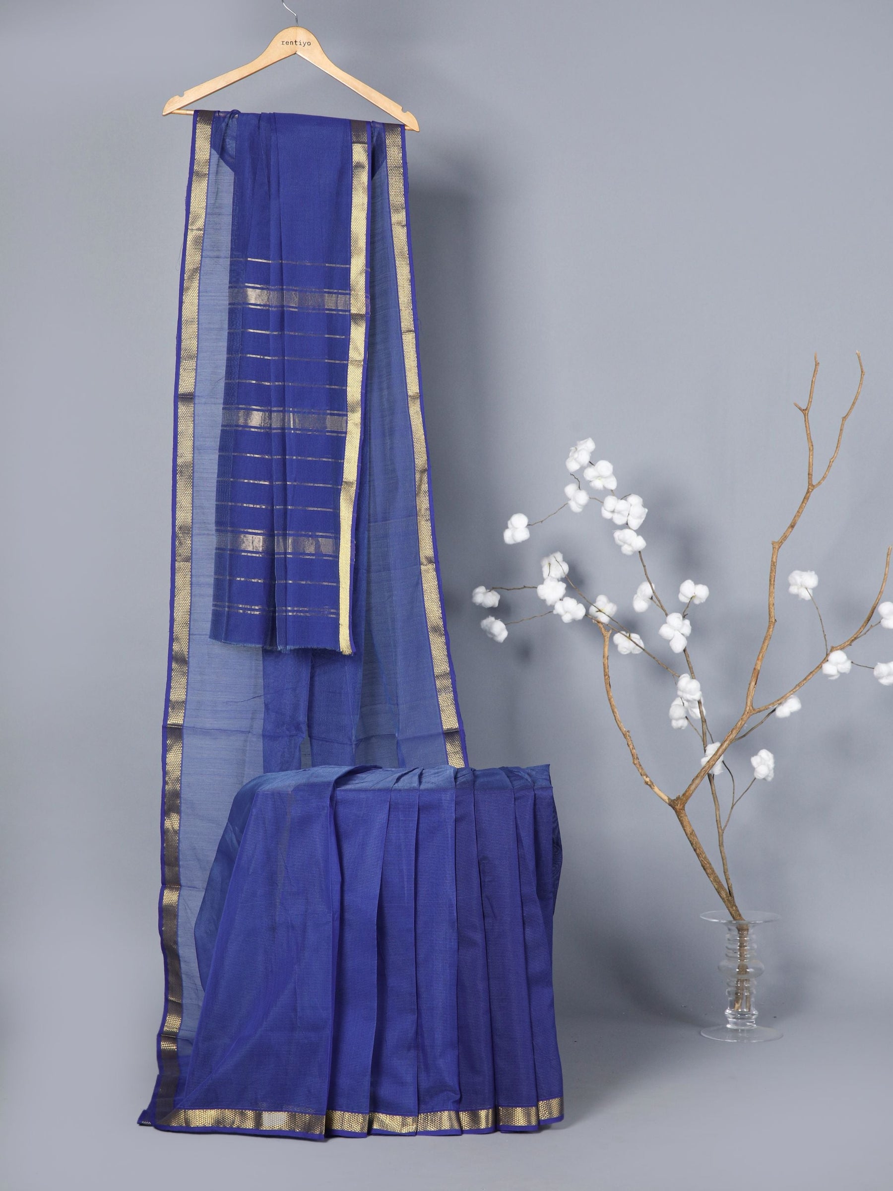 Eco Khadi Maheswari Cotton Royal Blue Saree with Ghicha Stripes Border