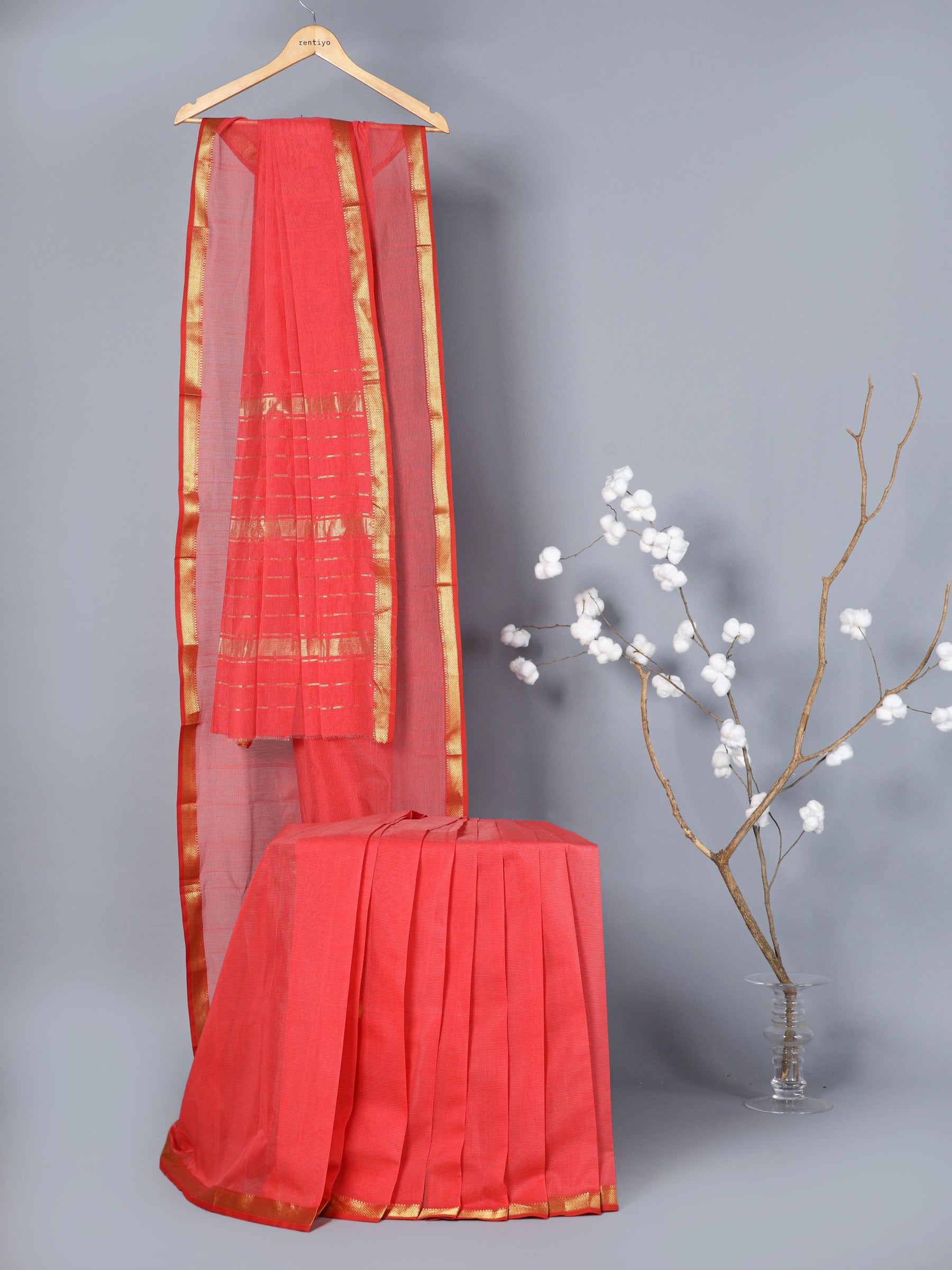 Eco Khadi Maheswari Cotton Red Saree with Ghicha Stripes Border
