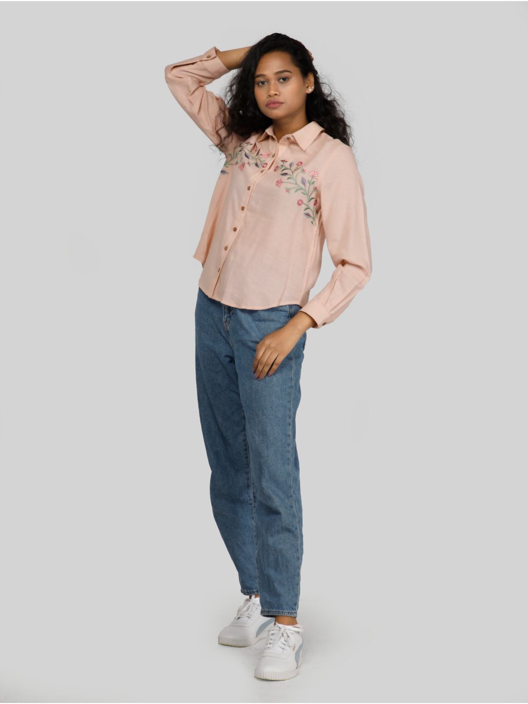 Eco Khadi Cotton Classic Embroidered Pink Shirt - Meera