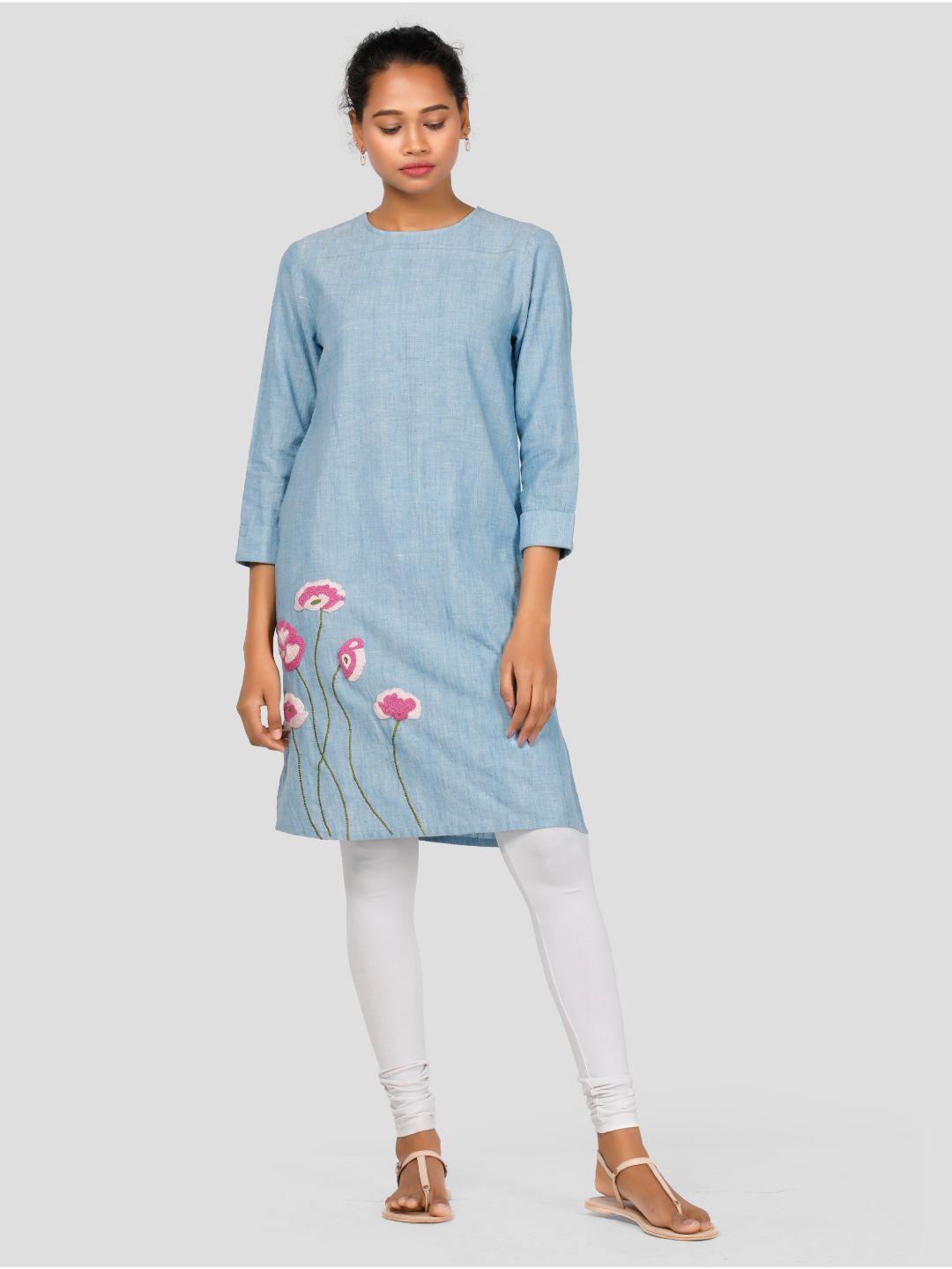 Eco Khadi Silk Embroidered Chambray Kurta