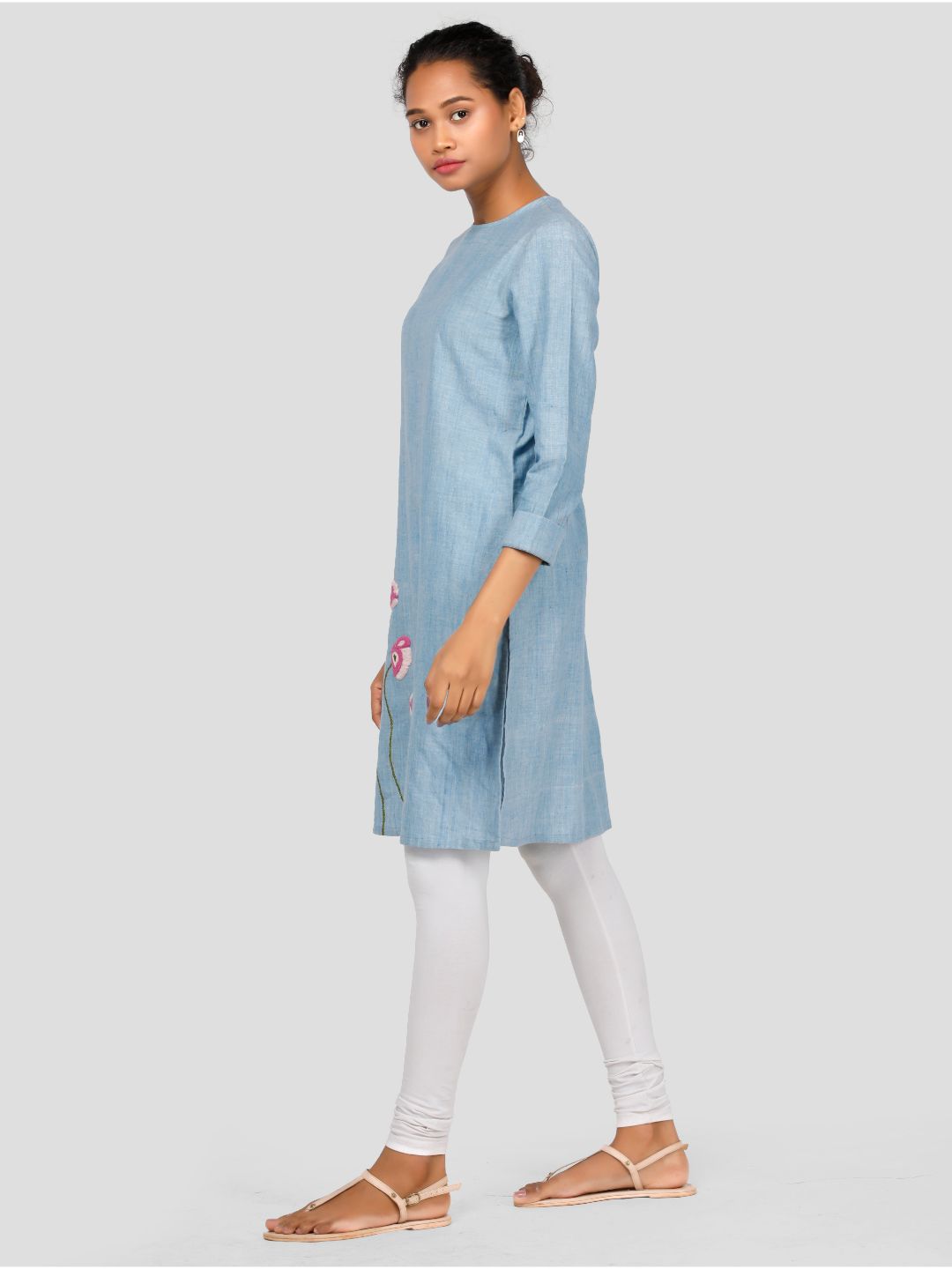 Eco Khadi Silk Embroidered Chambray Kurta