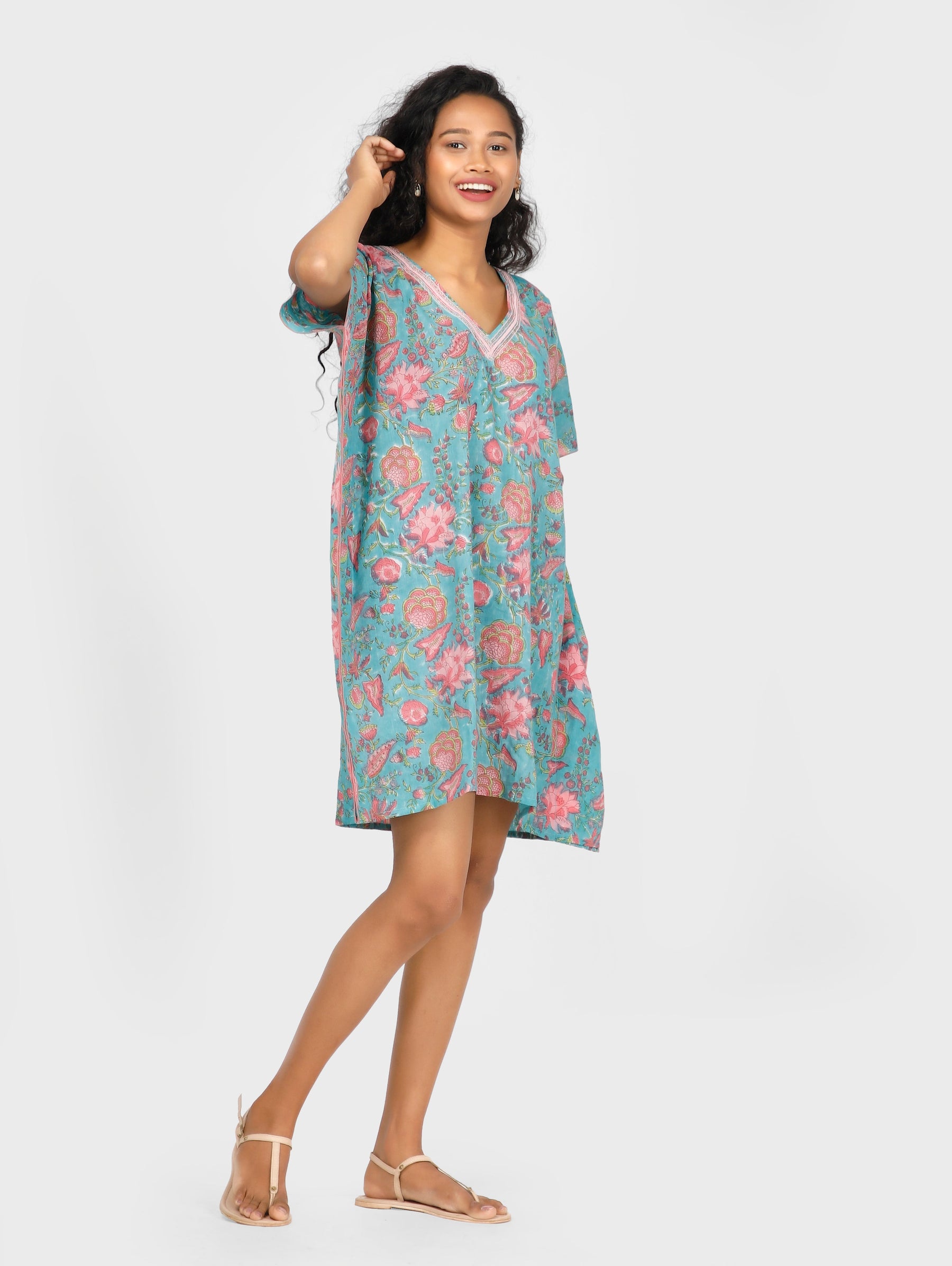 Eco Khadi Cotton Block Printed Blue Kimono - Barkha