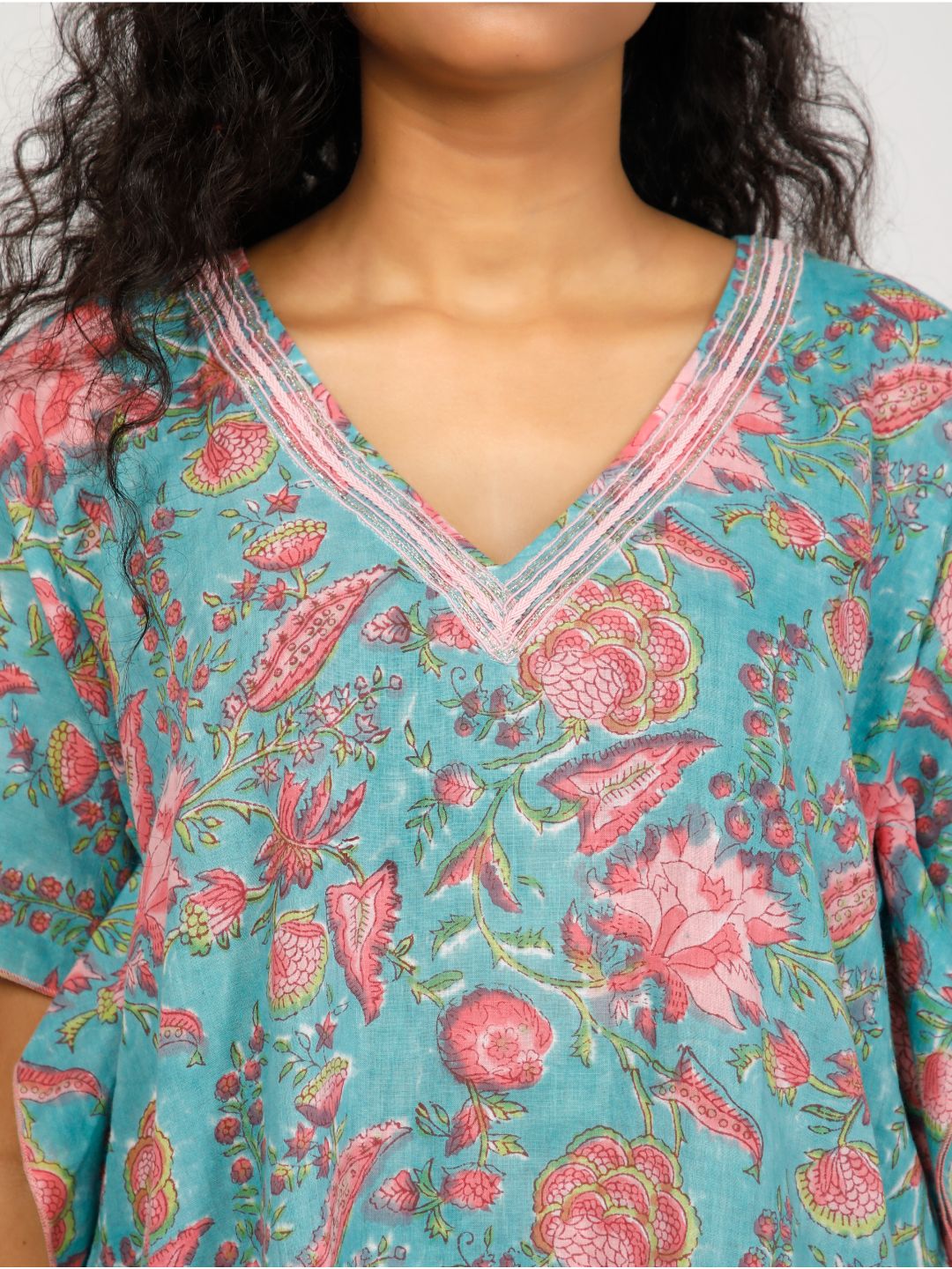 Eco Khadi Cotton Block Printed Blue Kimono - Barkha