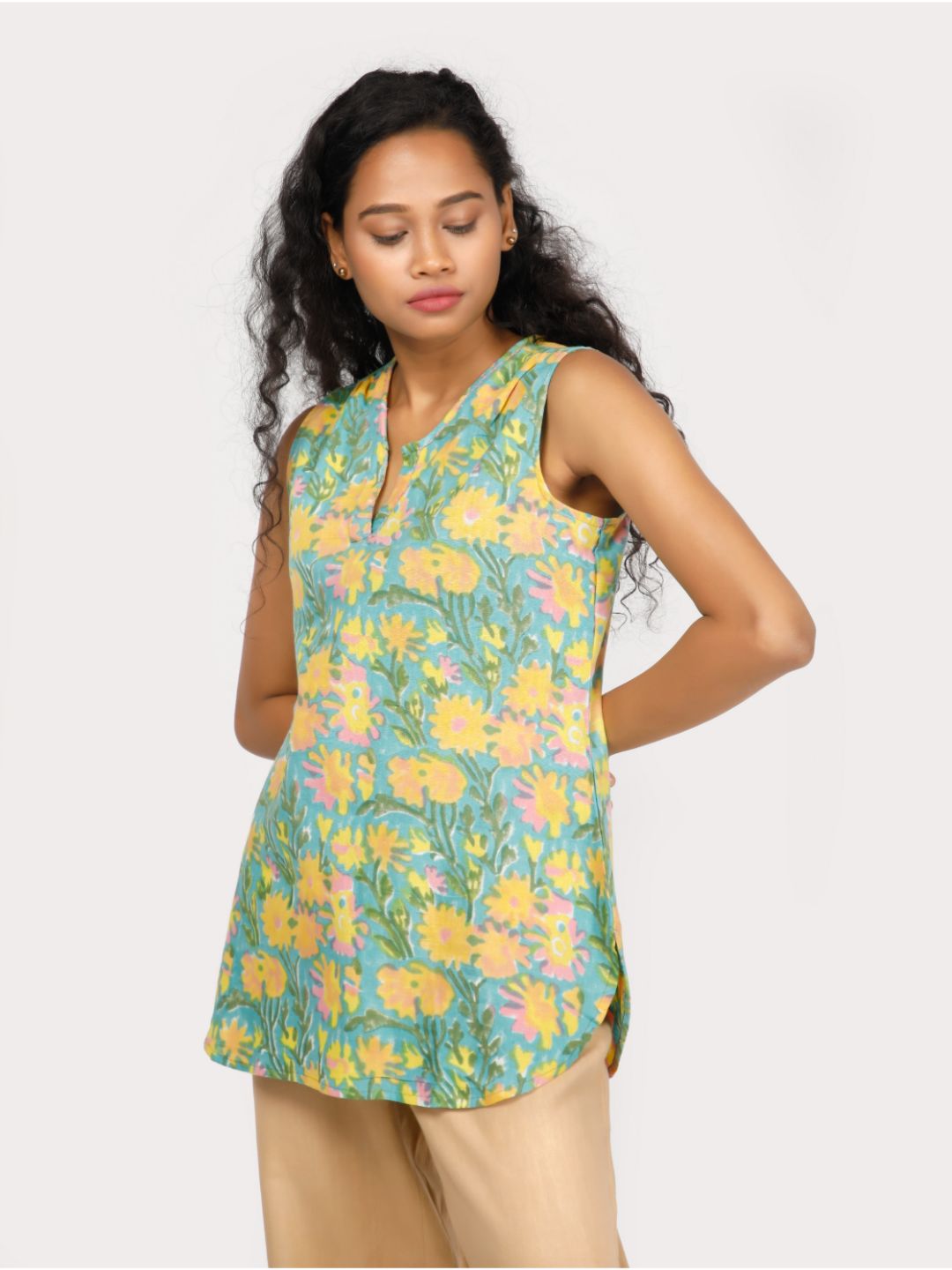 Eco Khadi Cotton Multicolor Block Printed Sleeveless Top - Lavanya
