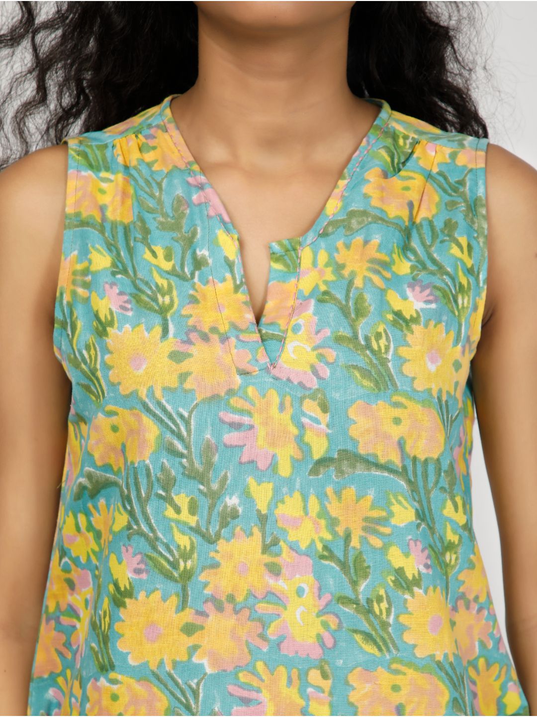 Eco Khadi Cotton Multicolor Block Printed Sleeveless Top - Lavanya