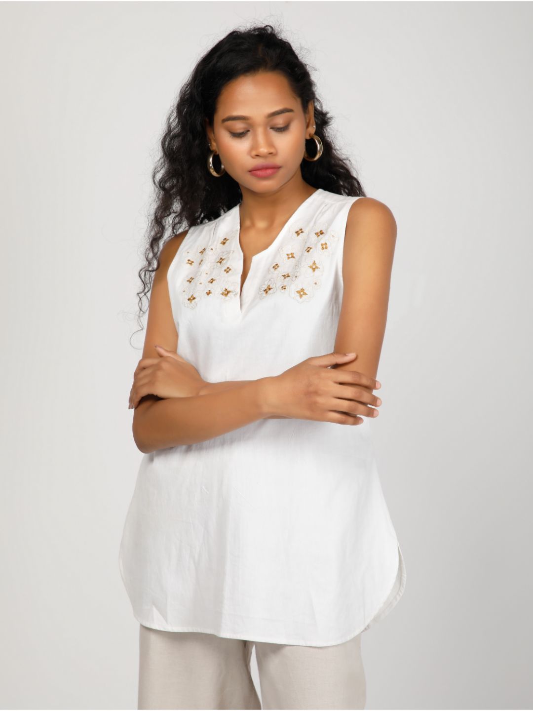 Eco Khadi Cotton Muslin White Embroidered Sleeveless Top