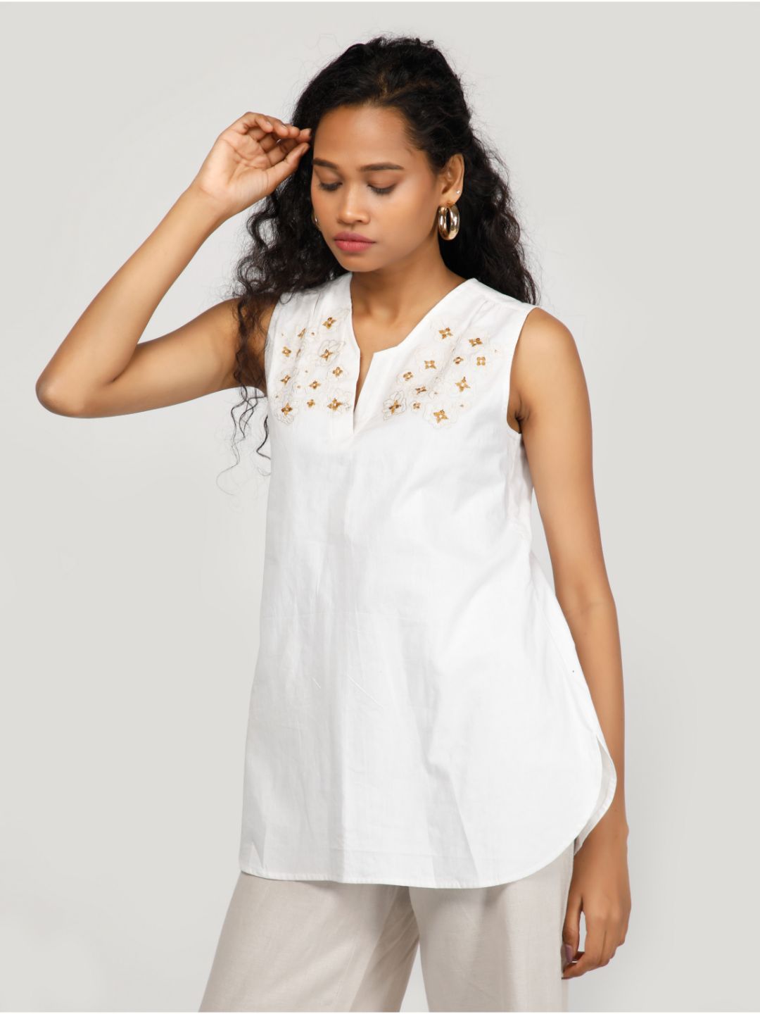 Eco Khadi Cotton Muslin White Embroidered Sleeveless Top