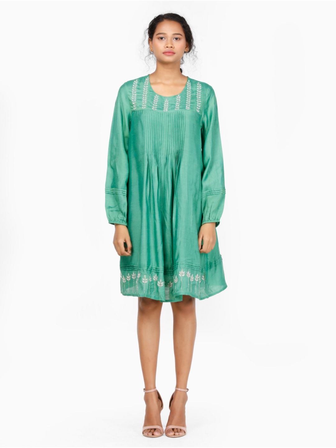 Eco Khadi Silk Hand Embroidered Green Tunic Dress