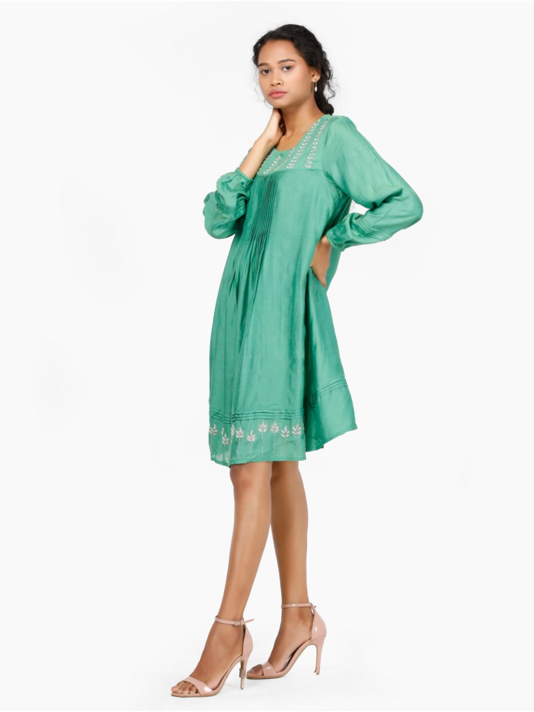 Eco Khadi Silk Hand Embroidered Green Tunic Dress