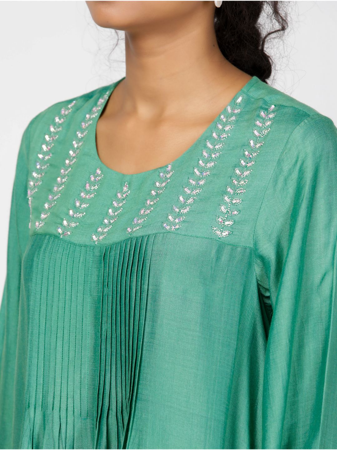 Eco Khadi Silk Hand Embroidered Green Tunic Dress