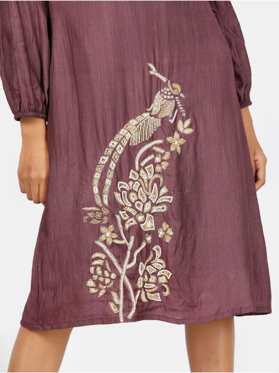 Eco Khadi Silk Embroidered Wine Tunic - Aarini
