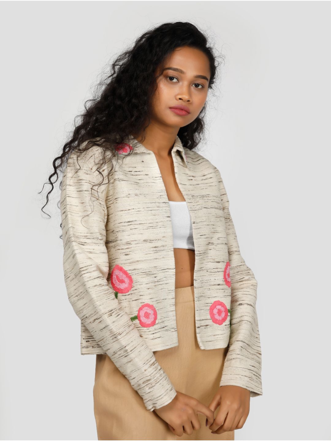Eco Khadi Silk Cream Embroidered jacket