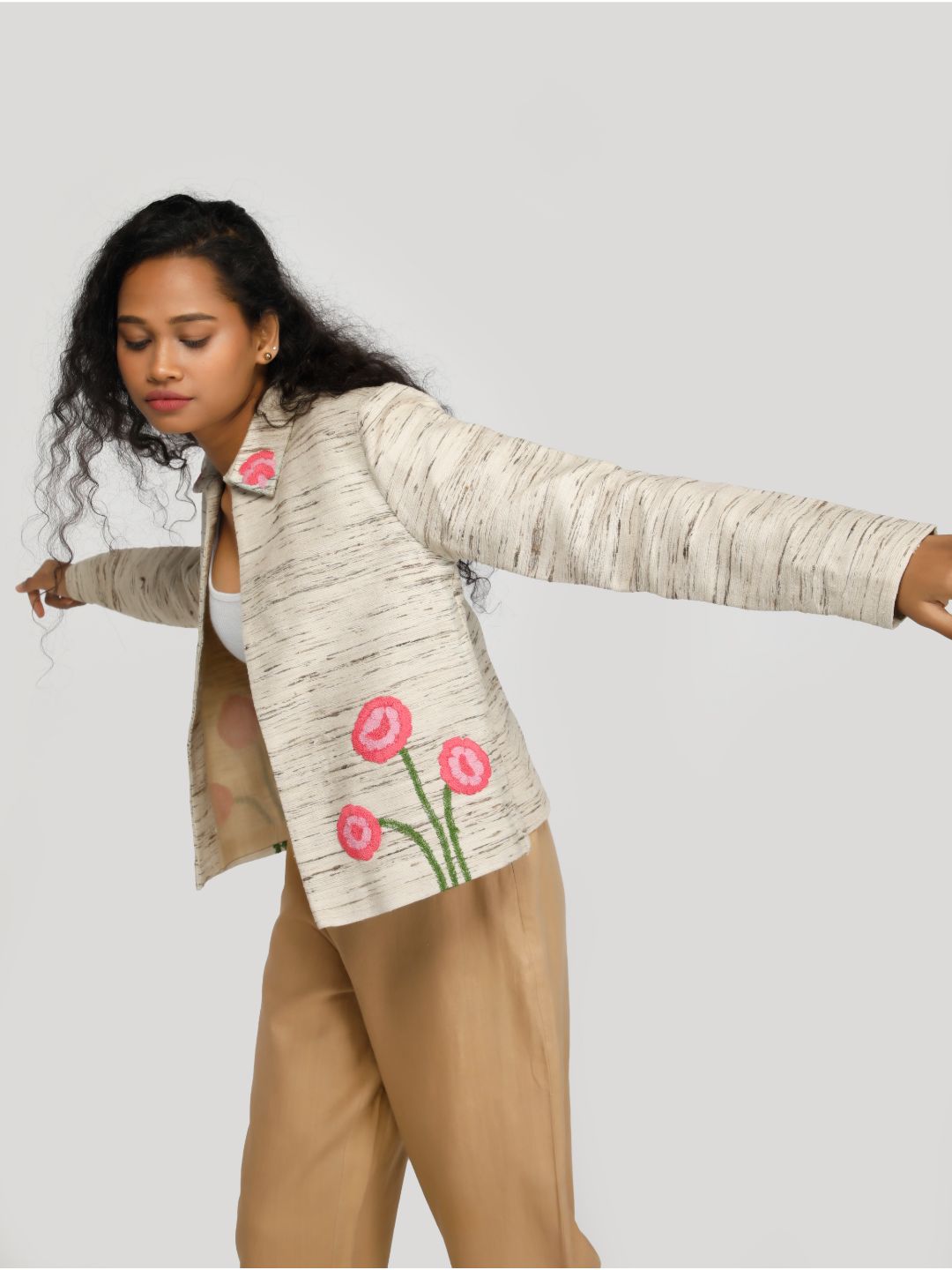 Eco Khadi Silk Cream Embroidered jacket