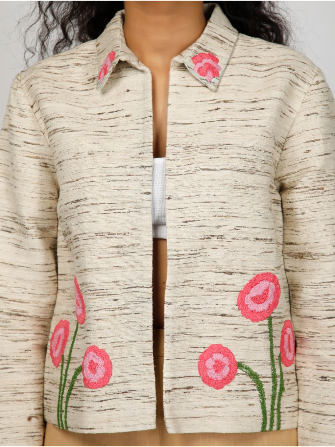Eco Khadi Silk Cream Embroidered jacket