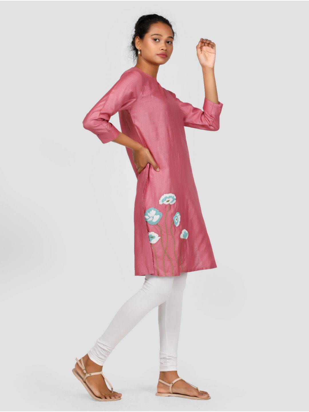 Eco Khadi Silk Embroidered Pink Kurta