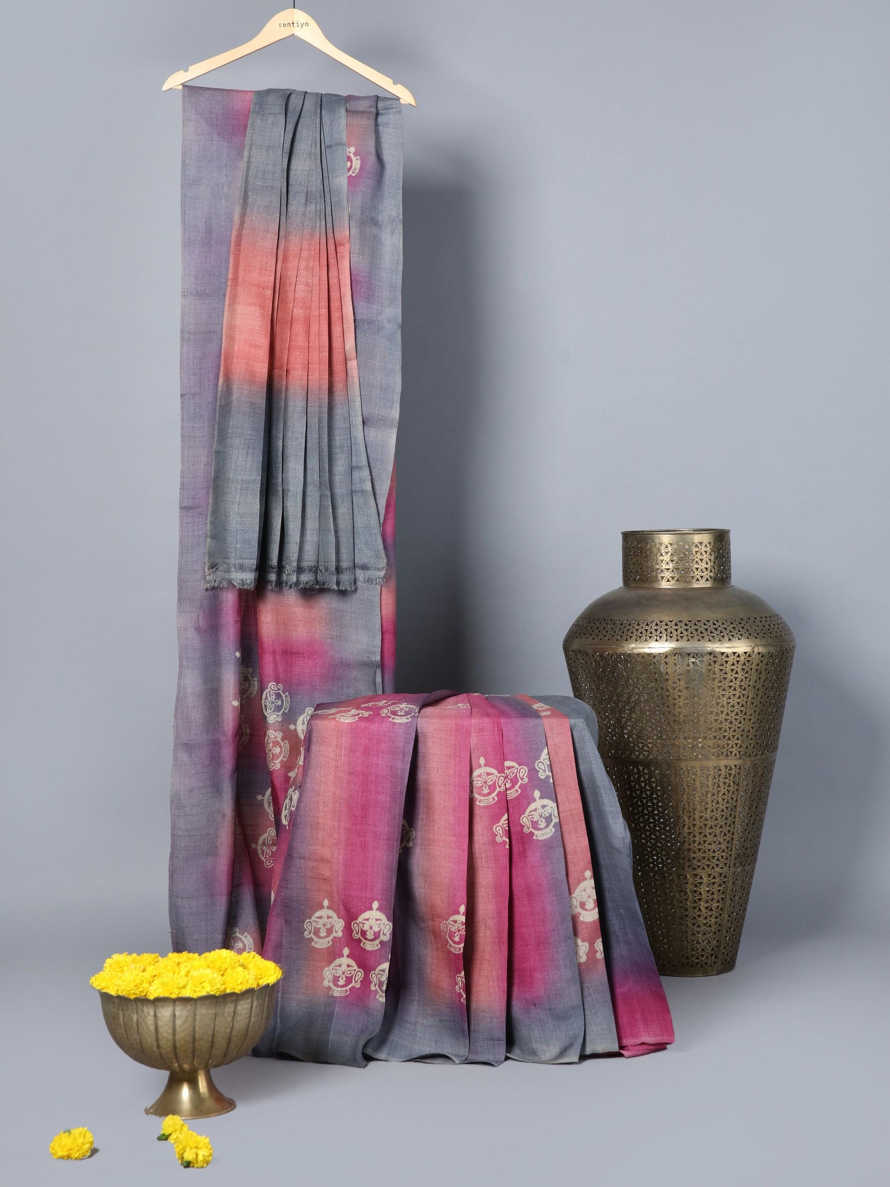 Eco Khadi Silk Tussar Purple Grey saree with Dancer Print