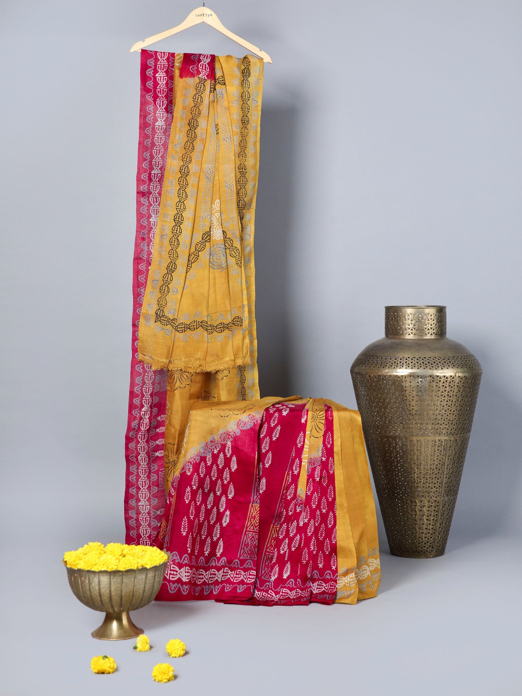 Eco Khadi Silk Mulberry Red and Yellow saree with African Print