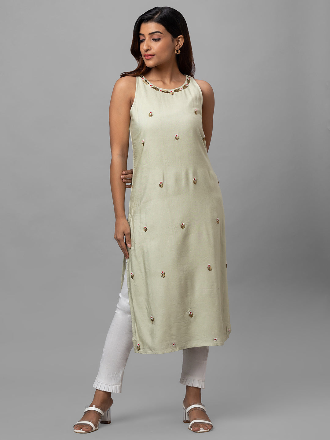 Eco Khadi Silk Green Hand Embroidered Kurta - Mohini