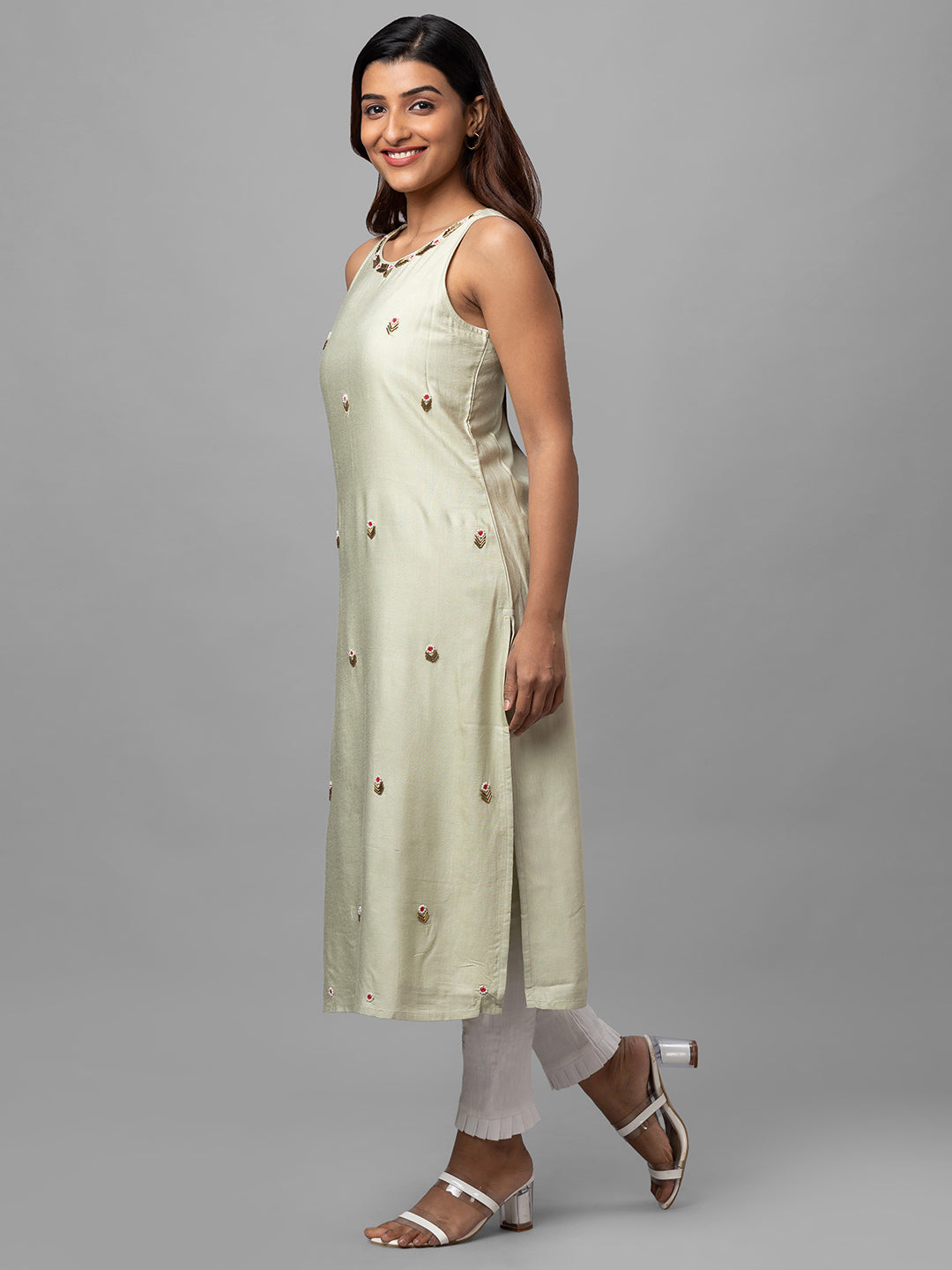 Eco Khadi Silk Green Hand Embroidered Kurta - Mohini