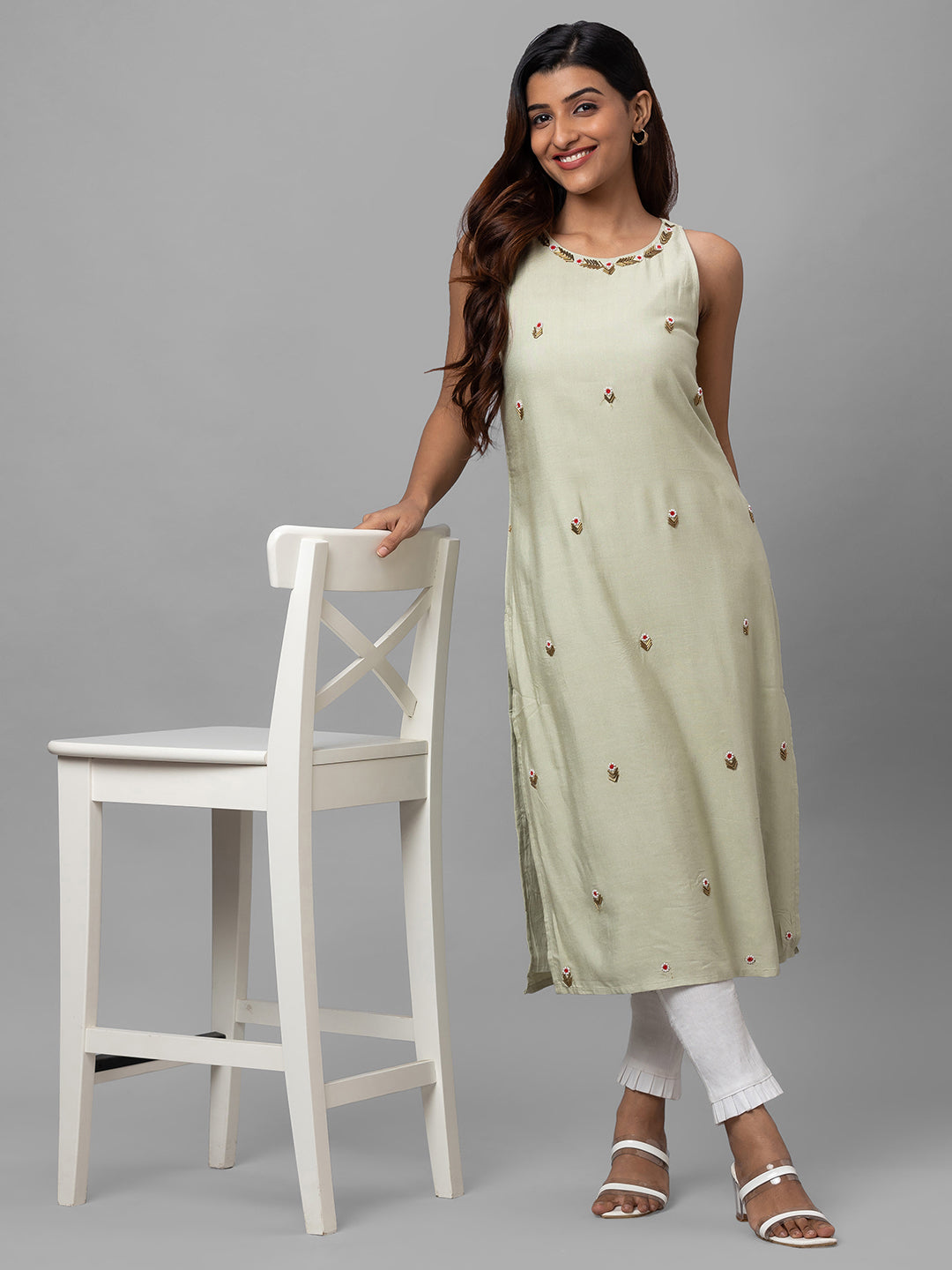 Eco Khadi Silk Green Hand Embroidered Kurta - Mohini