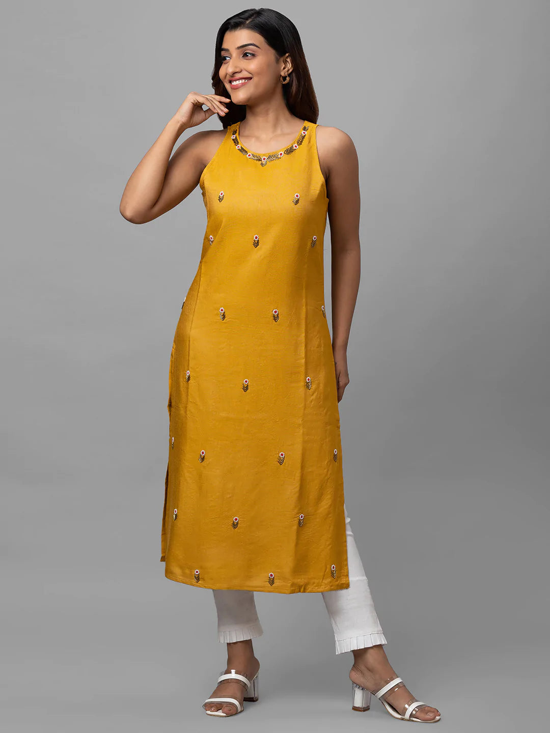 Eco Khadi Silk Mustard Hand Embroidered Kurta - Mohini