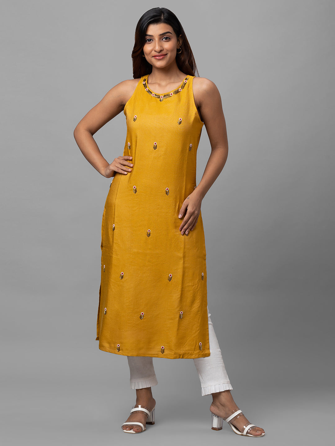 Eco Khadi Silk Mustard Hand Embroidered Kurta - Mohini