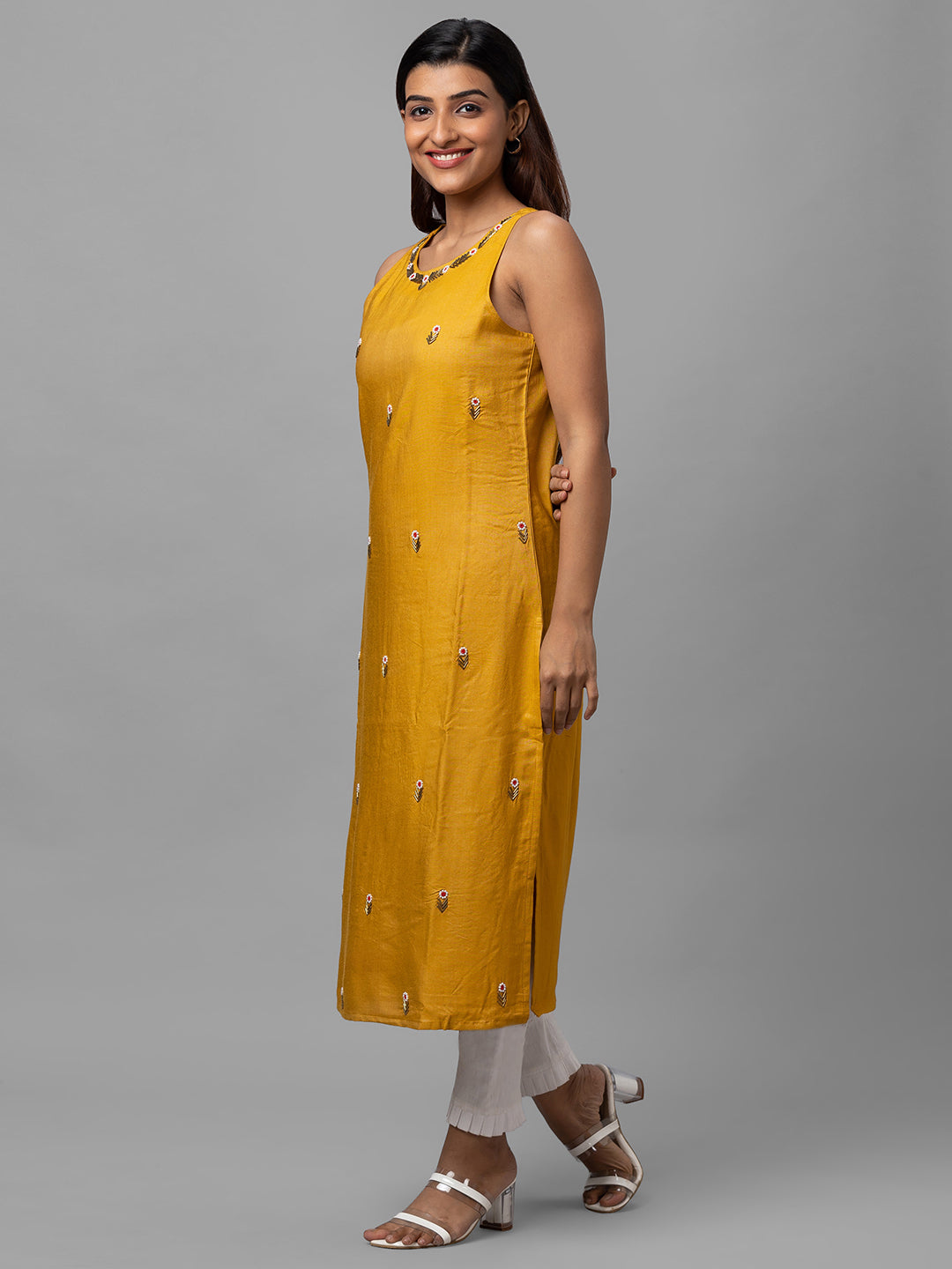 Eco Khadi Silk Mustard Hand Embroidered Kurta - Mohini