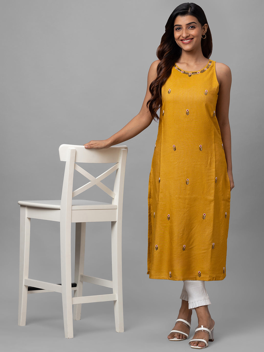 Eco Khadi Silk Mustard Hand Embroidered Kurta - Mohini