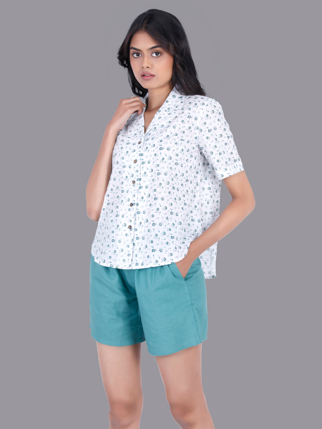 Eco Khadi Cotton Muslin Teal Shorts with Drawstrings