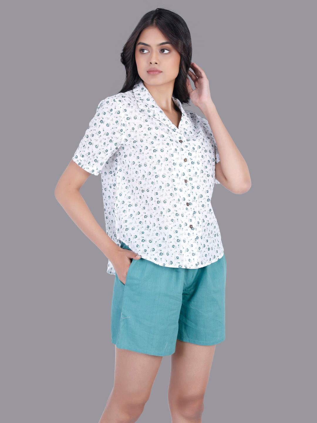 Eco Khadi Cotton Muslin Teal Shorts with Drawstrings