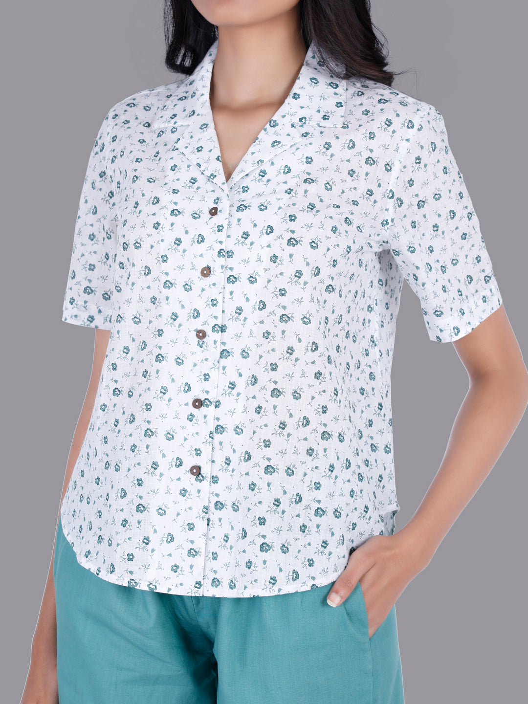 Eco Khadi Cotton Muslin White Shirt with Floral Print