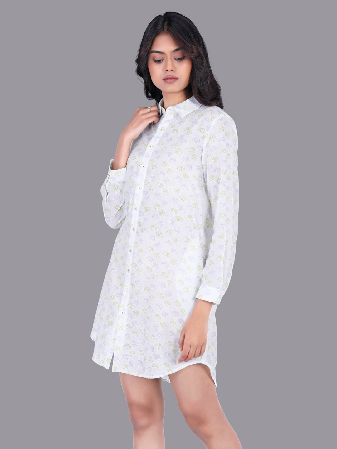 Eco Khadi Muslin Cotton White Shirt Dress with Porcupine Print
