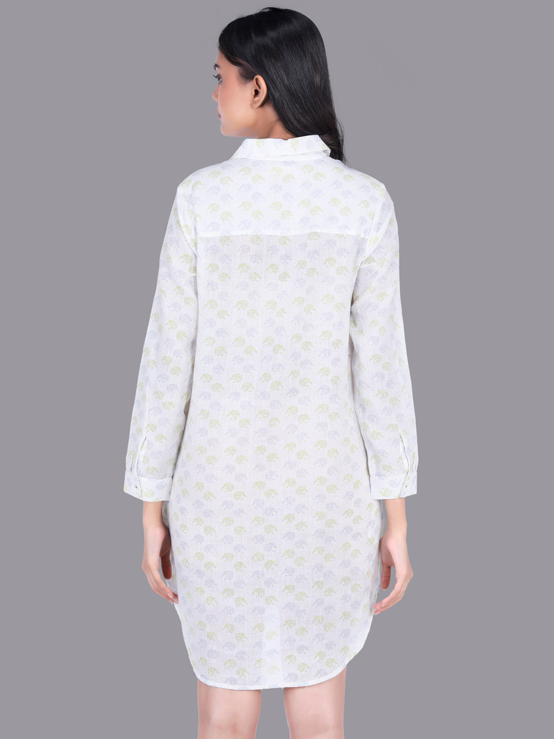 Eco Khadi Muslin Cotton White Shirt Dress with Porcupine Print