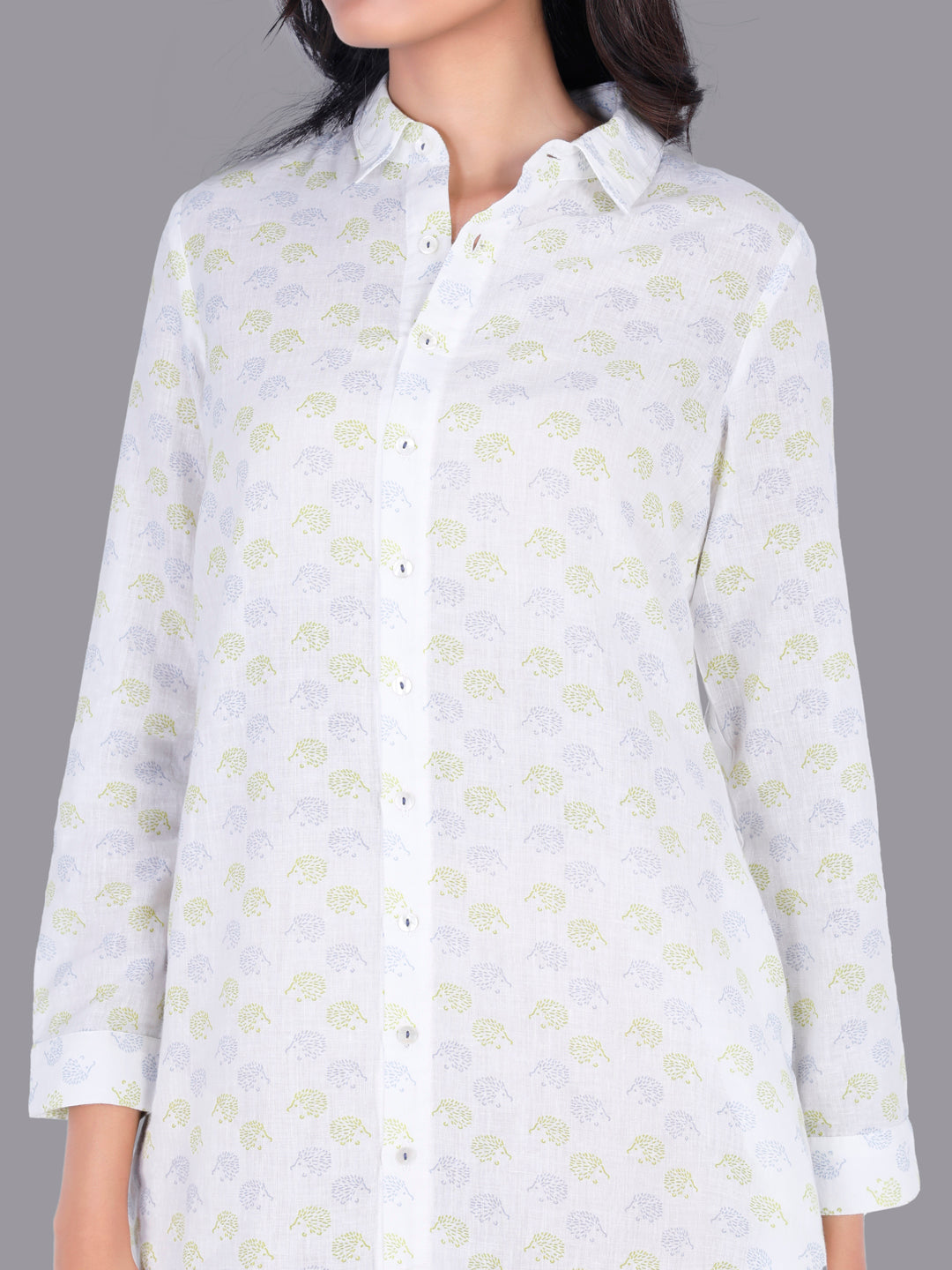 Eco Khadi Muslin Cotton White Shirt Dress with Porcupine Print